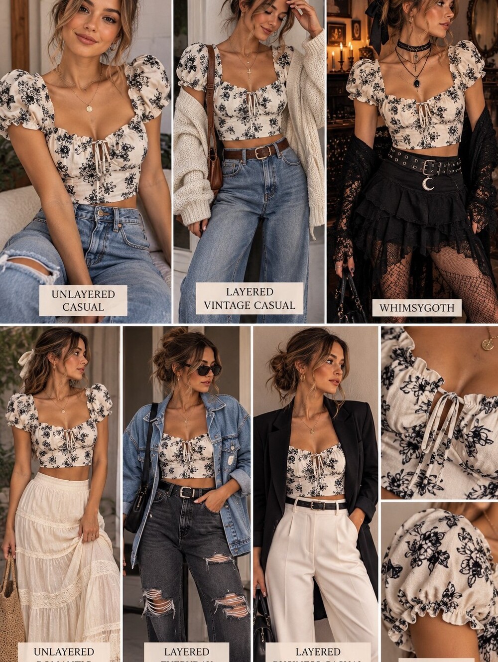 L.A. Hearts Floral Puff Sleeve Crop Top in Cream & Black Size XS